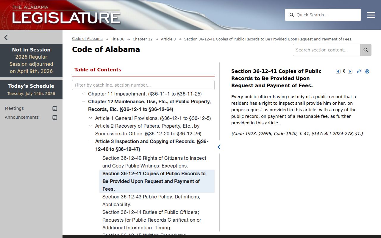 Limestone County court records Alabama inspection and fee law