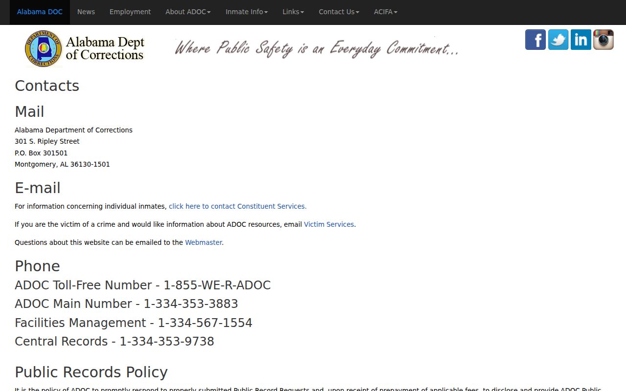 Limestone County inmate records ADOC public records contact