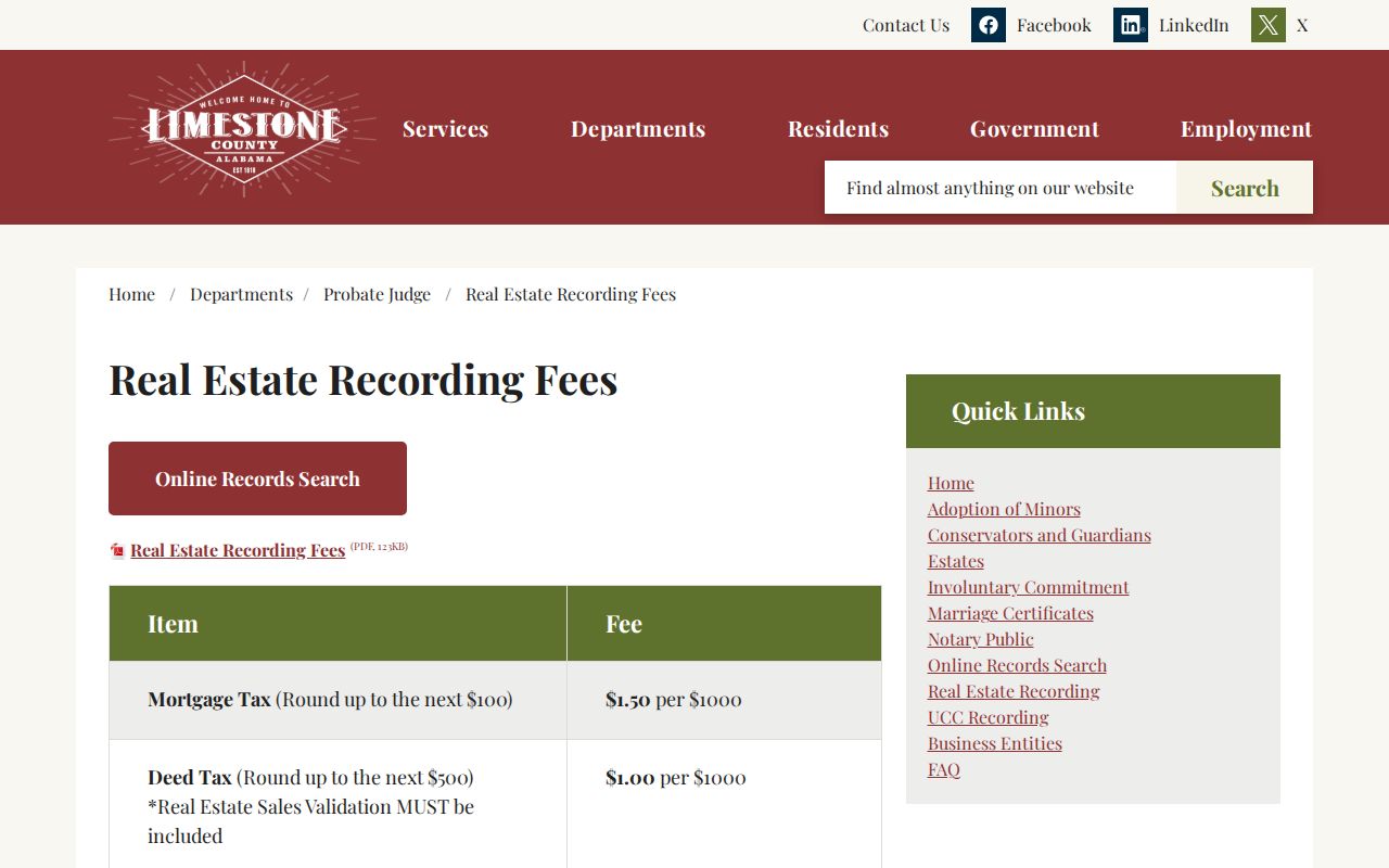 Limestone County probate records real estate recording fees